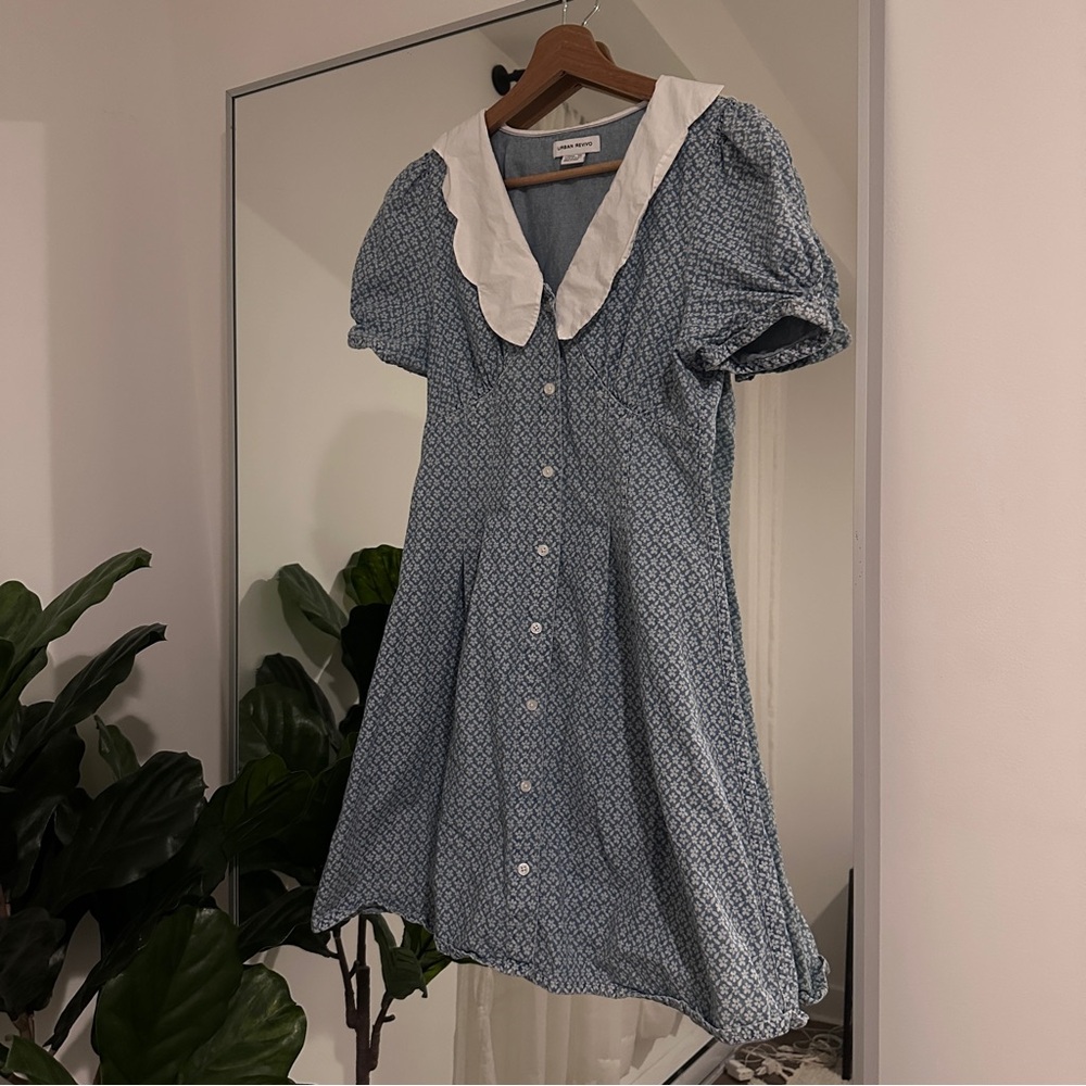 Blue Denim Mini Dress with White Collar